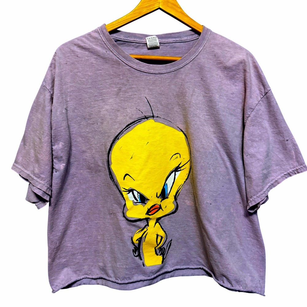 Vintage Fruit of the Loom Tweety Bird Boxy Cropped T-Shirt Purple XL